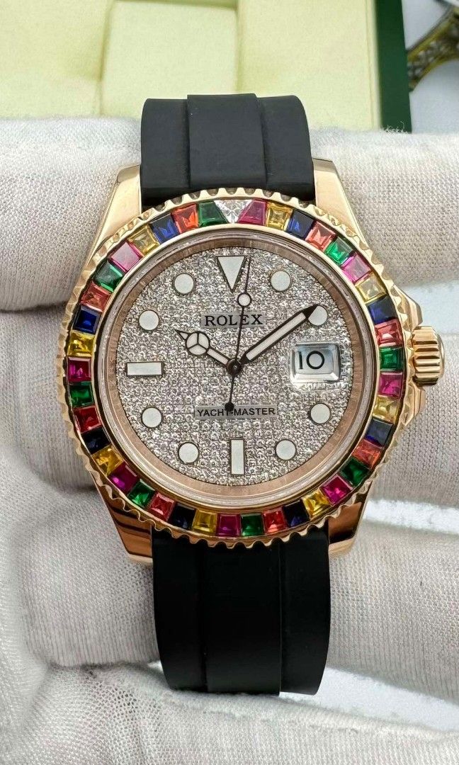 Rolex Yatch-Master (Category: Luxury Watches) located in Las Pinas. Submitted by calmphoenix.234114 (Listing ID 1335985131, Image 2). Description: ROLEX YACHT-MASTER 40MM REFERENCE NO. 116655 CUSTOMIZED TO 116659 SATS “TUTTI FRUTTI” YEAR 2015 CALIBER 3135 AUTOMATIC MOVEMENT 18K EVEROSE GOLD RAINBOW BAGUETTE BI-DIRECTIONAL ROTATABLE BEZEL DIAMOND DIAL BLACK RUBBER STRAP BOX & CARD ₱3.6M.