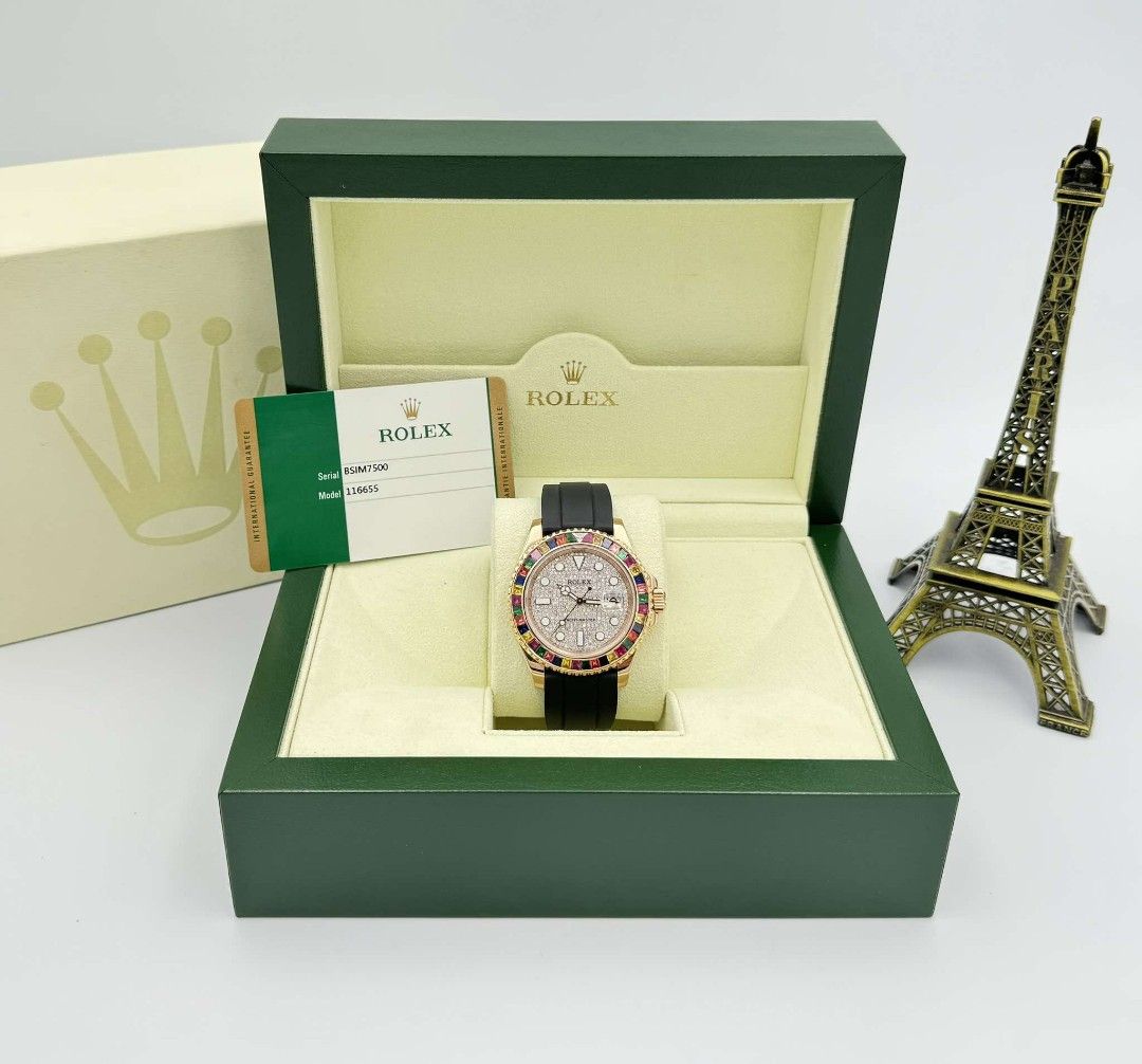 Rolex Yatch-Master (Category: Luxury Watches) located in Las Pinas. Submitted by calmphoenix.234114 (Listing ID 1335985131, Image 1). Description: ROLEX YACHT-MASTER 40MM REFERENCE NO. 116655 CUSTOMIZED TO 116659 SATS “TUTTI FRUTTI” YEAR 2015 CALIBER 3135 AUTOMATIC MOVEMENT 18K EVEROSE GOLD RAINBOW BAGUETTE BI-DIRECTIONAL ROTATABLE BEZEL DIAMOND DIAL BLACK RUBBER STRAP BOX & CARD ₱3.6M.