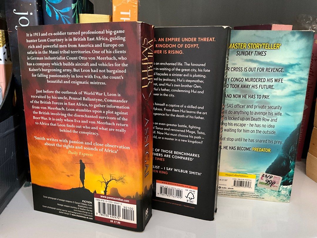 SALE Wilbur Smith books (Category: Storybooks) located in Pasig City. Submitted by nethz21 (Listing ID 1335972531, Image 3). Description: 3 books for the price of 1 1. Assegai 2. The New Kingdom 3. Predator Authentic Pre-loved book UK Edition tanned pages Spine creases Please manage your expectation..