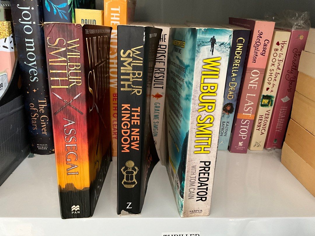 SALE Wilbur Smith books (Category: Storybooks) located in Pasig City. Submitted by nethz21 (Listing ID 1335972531, Image 2). Description: 3 books for the price of 1 1. Assegai 2. The New Kingdom 3. Predator Authentic Pre-loved book UK Edition tanned pages Spine creases Please manage your expectation..
