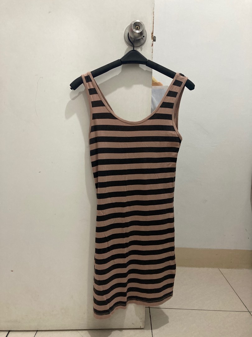 Tank top dress terusan stripes coklat Fesyen Wanita Pakaian Wanita Gaun Rok di Carousell