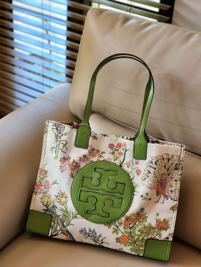 Tory Burch 80990 Ella Tote Bag in Beige Nylon with Floral Peacock Print Green Leather Trim Logo Patch Ladies Women s Fashion Bags Wallets Tote Bags on Carousell