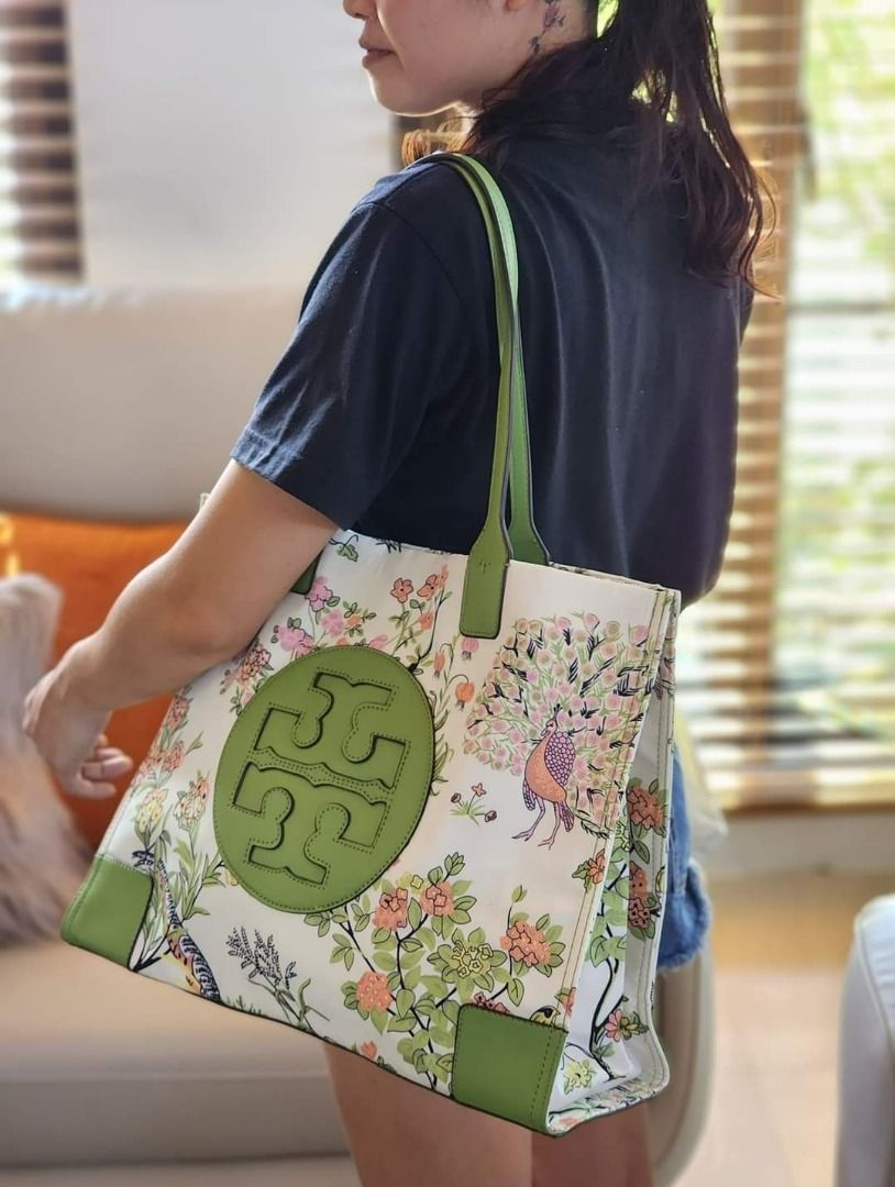 Tory Burch 80990 Ella Tote Bag in Beige Nylon with Floral Peacock Print Green Leather Trim Logo Patch Ladies Women s Fashion Bags Wallets Tote Bags on Carousell