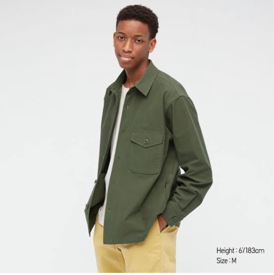 Uniqlo Over Shirt Jacket Jersey Unisex Outerwear Overshirt Army Green Utility Men s Fashion Coats Jackets and Outerwear on Carousell