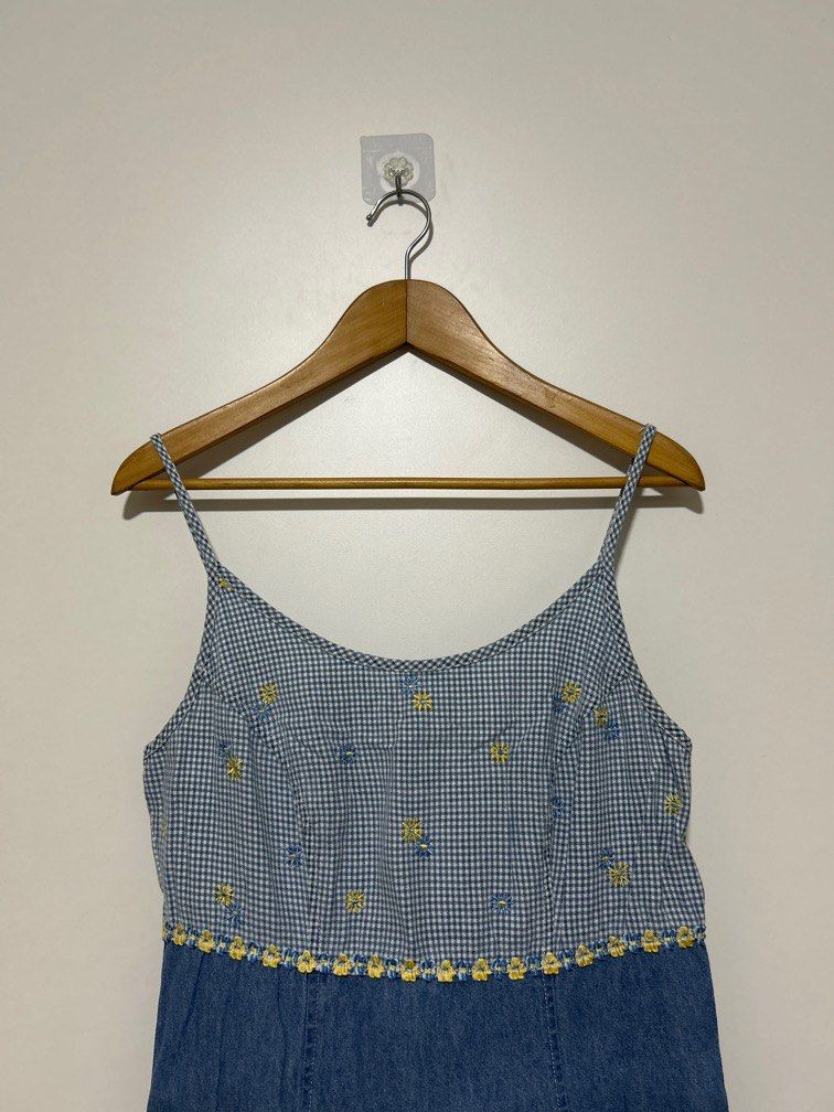 Vintage floral embroidered gingham denim dress, Women's Fashion, Dresses &  Sets, Dresses on Carousell