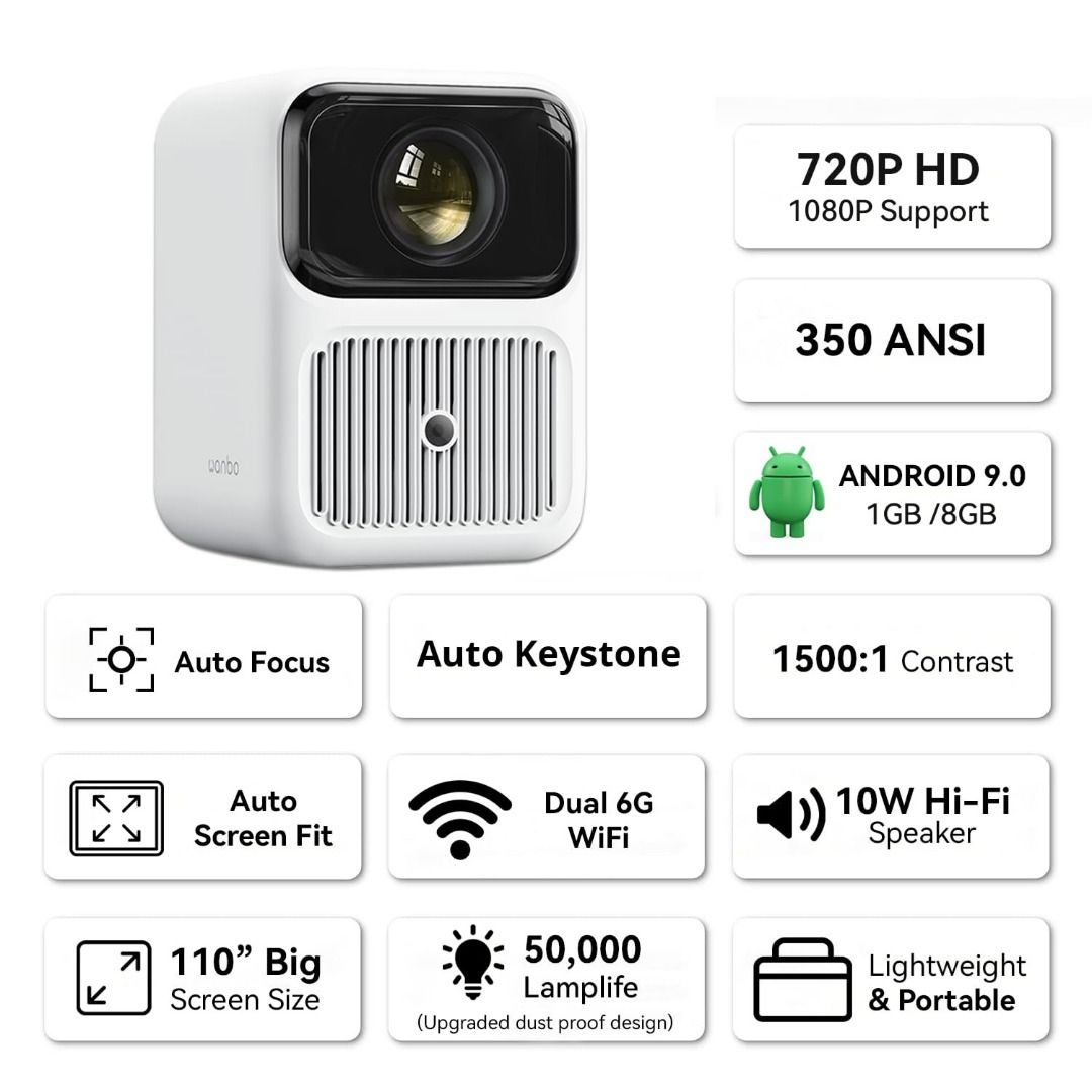 Wanbo Dali 1 Portable Projector Auto Focus Obstacle Avoidance Android 9.0 HIFI Speaker Projector VMI (Category: Projectors) located in Manila. Submitted by vmidirect (Listing ID 1336065103, Image 2). Description: Product Features Best Feature: ASA 3.0 Fully Auto-Focus Technology Include Auto Focus/ Auto Keystone Correction / Obstacle Avoidance / Auto Screen Fit-in 1. 720P physical resolution and 1080P Decoding, original grainless picture quality 