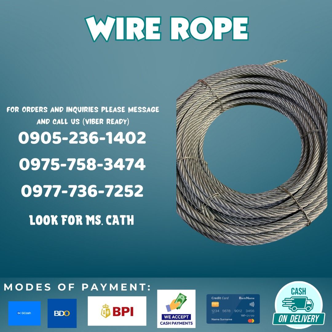 WIRE ROPE (Category: Construction & Building Materials) located in Manila. Submitted by cathvesta_sales (Listing ID 1336035130, Image 1). Description: .