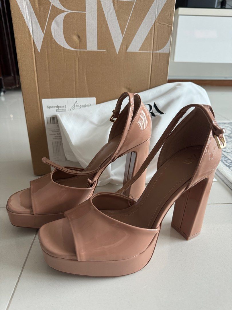 Zara Beige Nude Patent Finish High Heel Platform Sandals EU 39