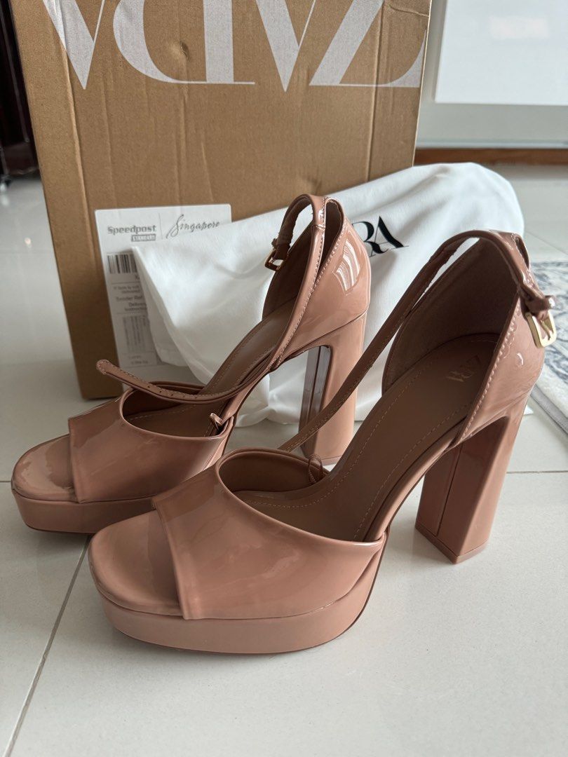 Zara Beige Nude Patent Finish High Heel Platform Sandals EU 39 - Main Image