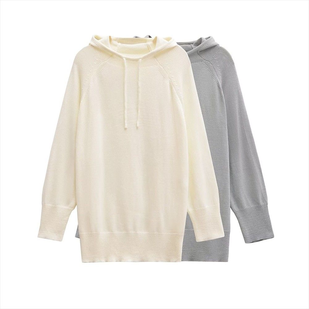 76382 solid color cotton knit sweater hoodie sweater wanita