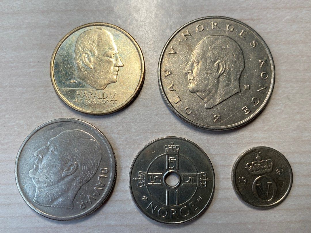 80、90 年代挪威錢幣5 枚, 興趣及遊戲, 收藏品及紀念品, 錢幣- Carousell