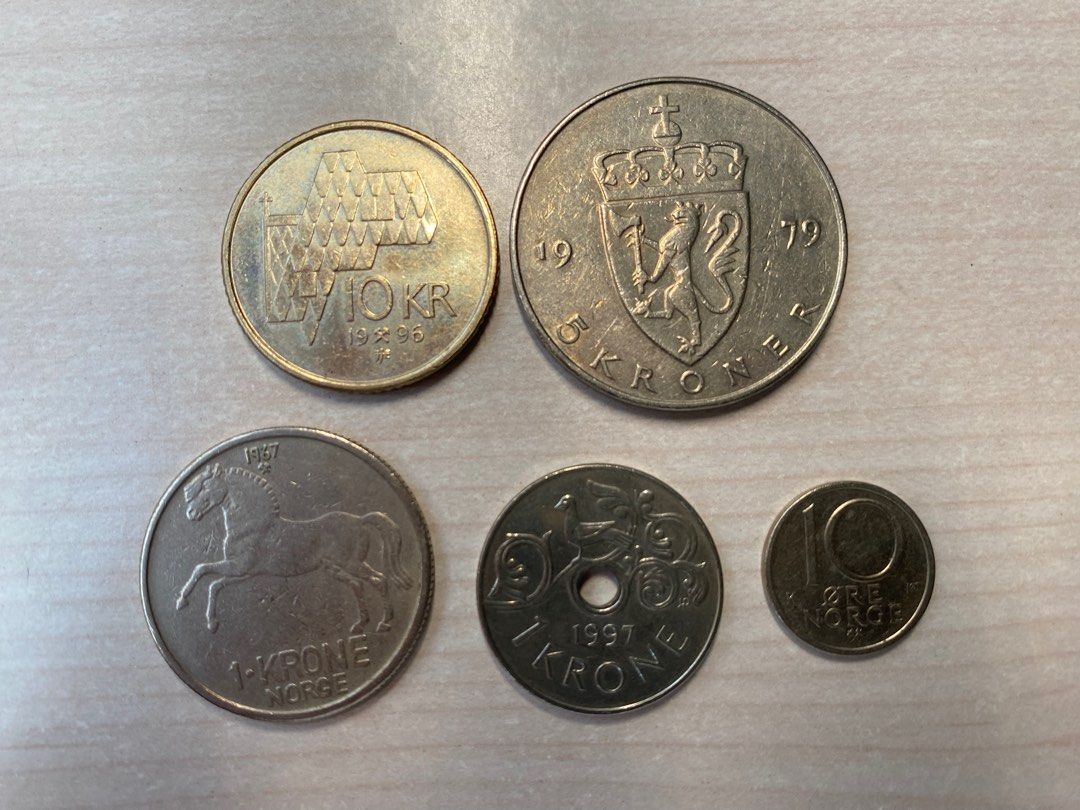 80、90 年代挪威錢幣5 枚, 興趣及遊戲, 收藏品及紀念品, 錢幣- Carousell