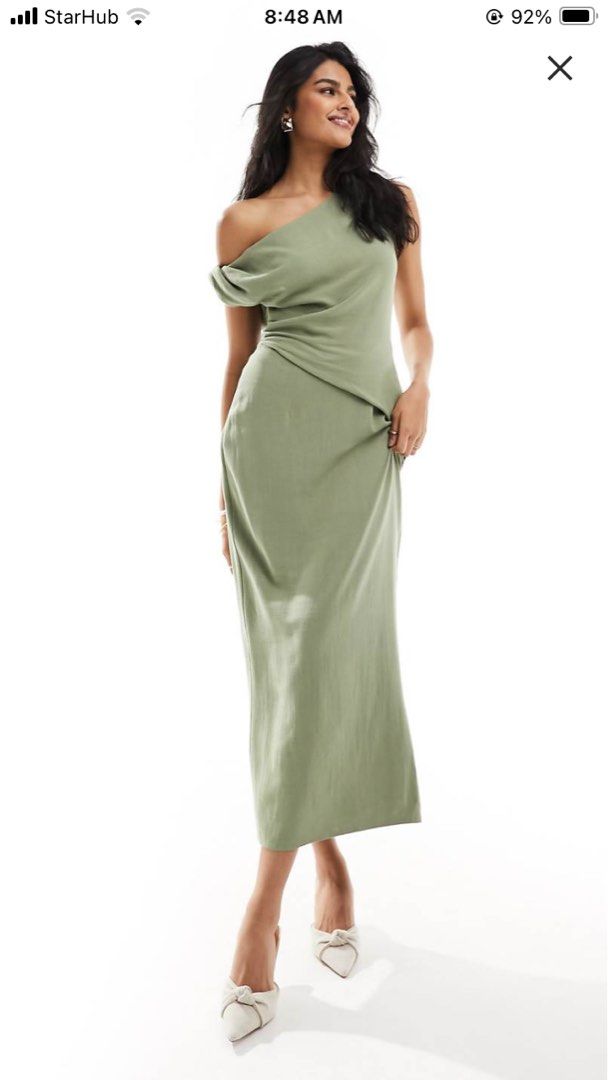 ASOS fallen shoulder linen midi dress with pleat waist, Women's Fashion,  Dresses & Sets, Evening dresses & gowns on Carousell