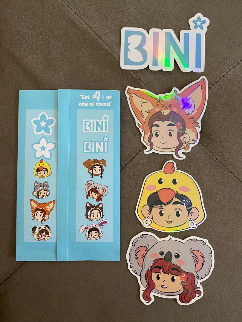 Bini Stickers (Official Merchandise) (Category: Other Merchandise) located in Pasig City. Submitted by nomoretuesdays (Listing ID 1336215220, Image 1). Description: Set of 4 holo stickers (waterproof).