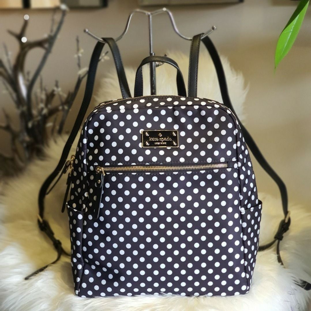 Kate Spade Blake Avenue Hilo Backpack in Black Nylon with Polka Dots Print and Leather Trim and Side Pocket Ladies Bag Women s Fashion Bags Wallets Backpacks on Carousell