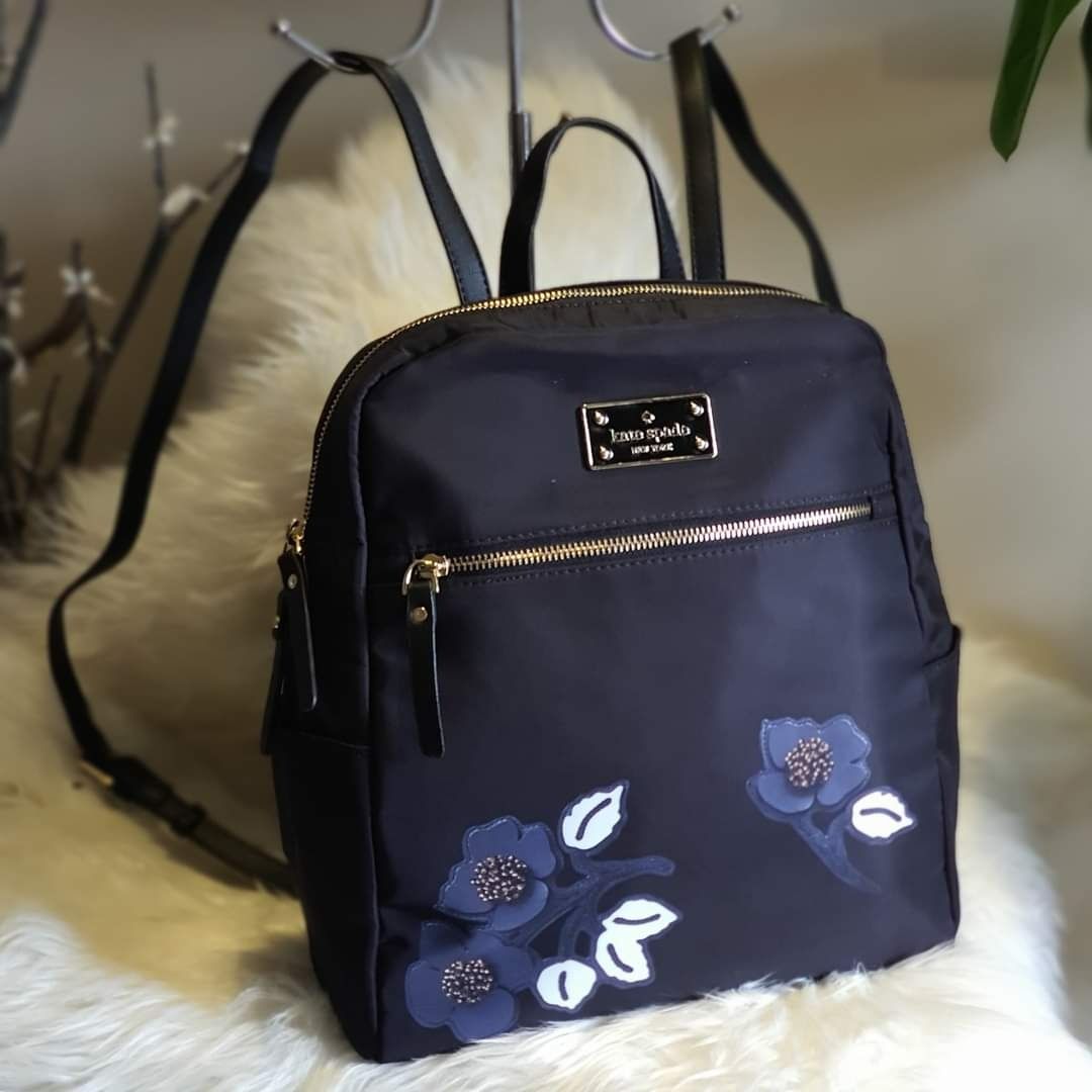 Kate Spade Blake Avenue Hilo Backpack in Black Nylon with Hibiscus Design and Leather Trim and Side Pocket Ladies Bag Women s Fashion Bags Wallets Backpacks on Carousell