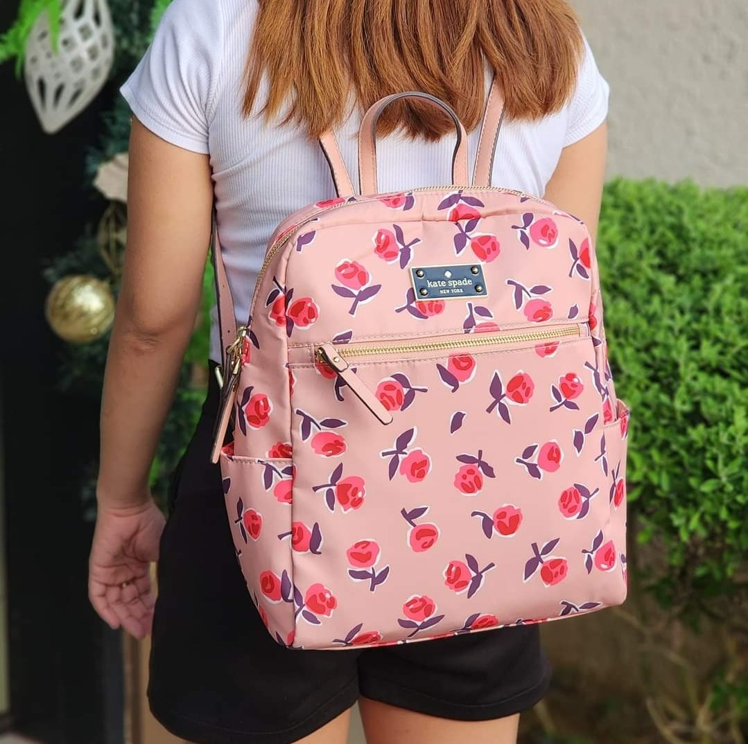 Kate Spade Blake Avenue Hilo Backpack in Pink Nylon with Red Foundation Rose Design and Leather Trim Ladies Bag Women s Fashion Bags Wallets Backpacks on Carousell