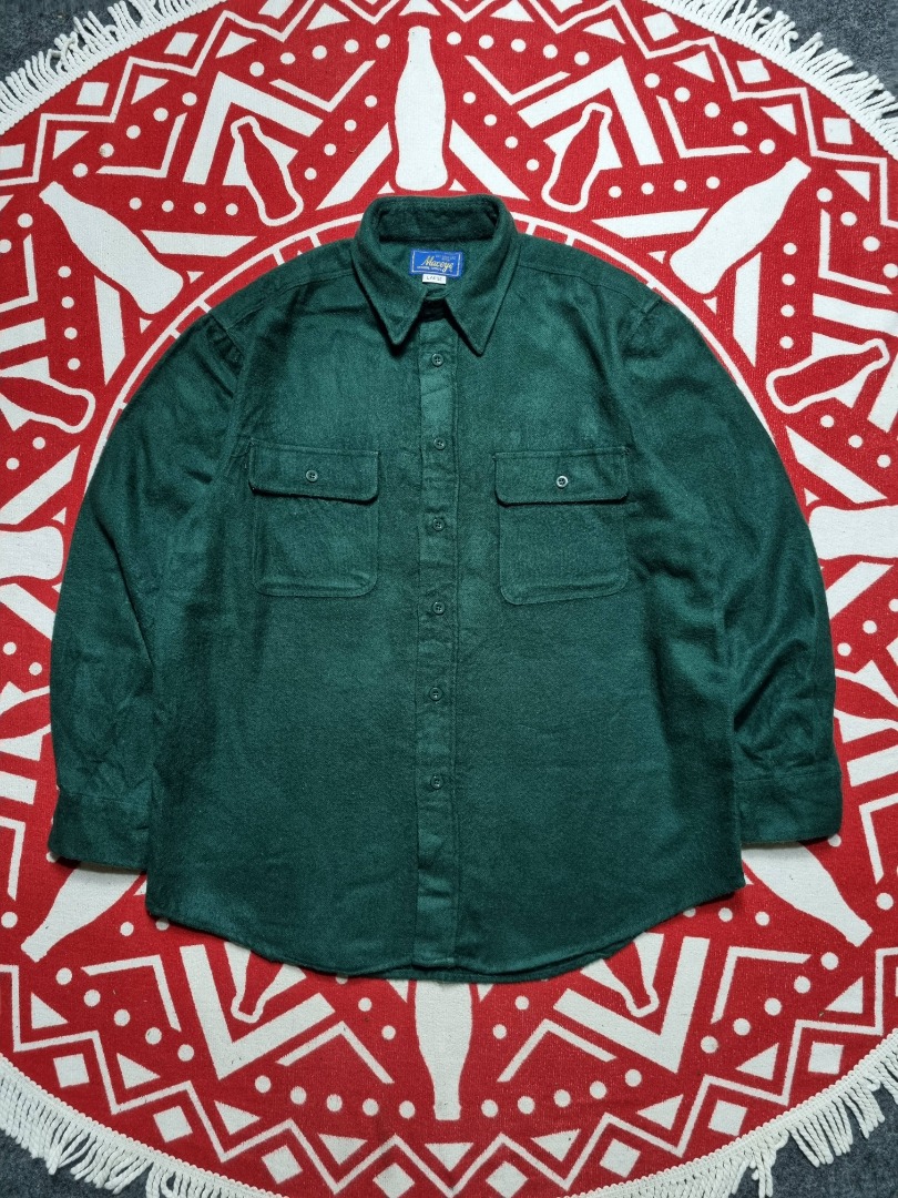 Kemeja Flanel Wol Maceye double pocket lengan panjang, Fesyen Pria