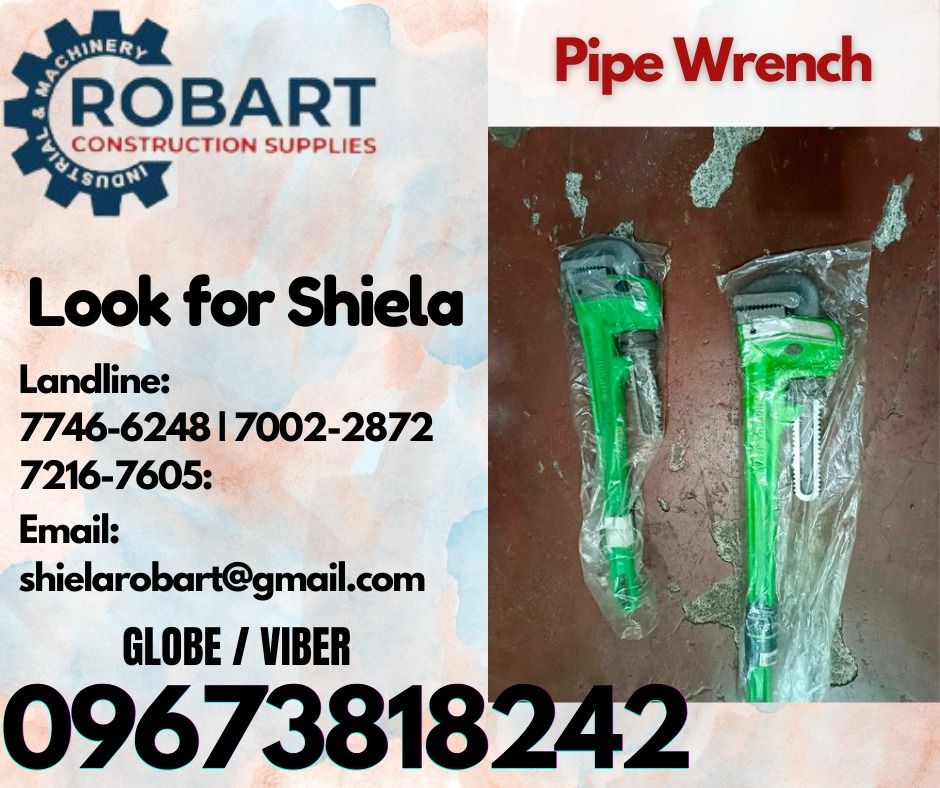 Pipe Wrench (Category: Construction Tools & Equipment) located in Caloocan City. Submitted by shielaroba44709 (Listing ID 1336213797, Image 1). Description: Pipe Wrench Size: 18" 𝑹𝑶𝑩𝑨𝑹𝑻 𝑪𝑶𝑵𝑺𝑻𝑹𝑼𝑪𝑻𝑰𝑶𝑵 𝑺𝑼𝑷𝑷𝑳𝑰𝑬𝑺 Office Address: 1405 Yuseco St. Sta Cruz Manila SEND US MESSAGE FOR INQUIRIES ‼️ ‼️ Call: 09673818242 / 09662708845 Vibr - (09673818242) Landline: (𝟩𝟩𝟦𝟨-𝟨𝟤𝟦𝟪) / (𝟩𝟢𝟢𝟤-𝟤𝟪𝟩𝟤) / (𝟩𝟤𝟣𝟨-𝟩𝟨𝟢𝟧) *𝐋𝐎