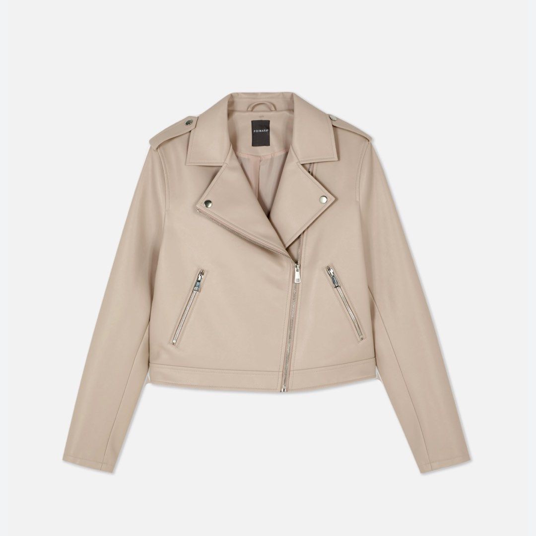 primark faux leather biker jacket in cream/beige, Women's Fashion