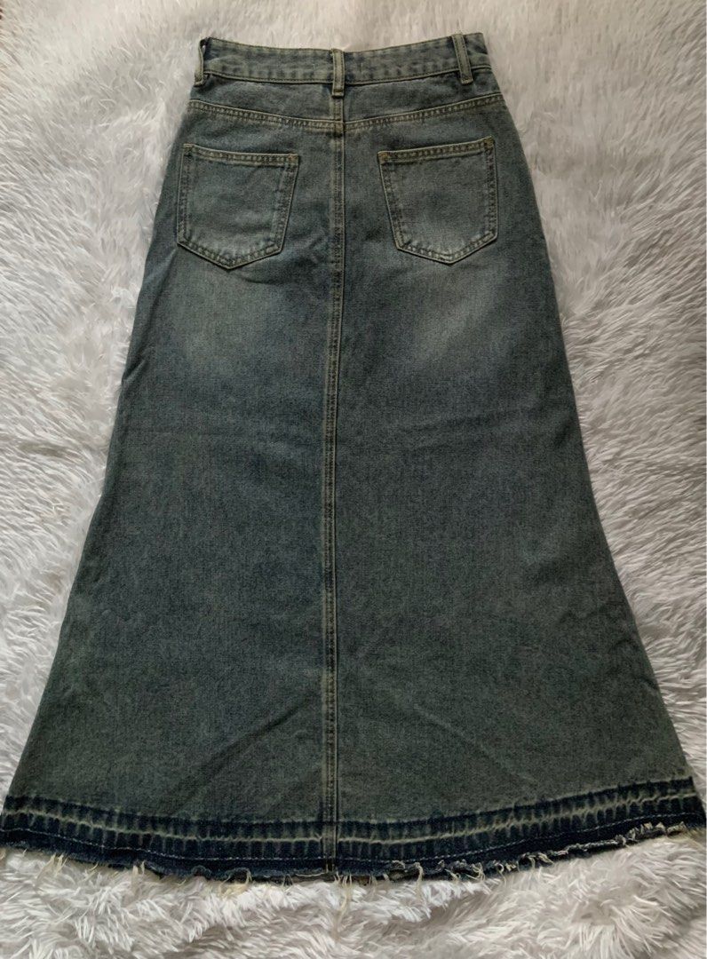 Retro Frayed Edge Long Denim Skirts