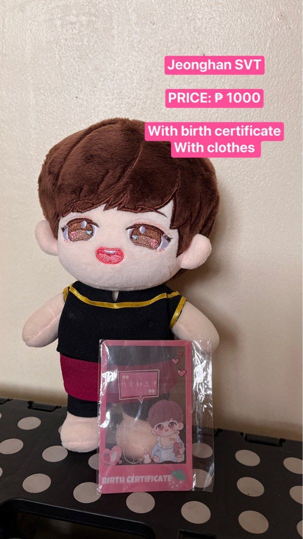 SEVENTEEN Jeonghan 20cm Doll (Category: K-Wave Merchandise) located in Mandaluyong City. Submitted by offwhite_777 (Listing ID 1336307065, Image 1). Description: RFS: Quitting and Decluttering Condition: 10/10 Original Price: 1150 Contains: - 1 Naked Doll - 1 set of Clothes - Birth Certificate Additional: 1 plastic film (add ₱10) Mode of Payment: Gcash or Bank Transfer (BPI) Mode of Delivery: Same day delivery(Lalamove) or Jnt ✨Can do Meetup ever