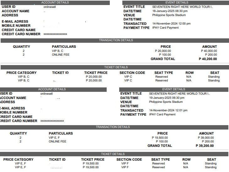 SEVENTEEN [RIGHT HERE] WORLD TOUR IN BULACAN (Category: Events Tickets) located in Manila. Submitted by labronjames33 (Listing ID 1336190860, Image 1). Description: TICKET ASSISTANCE SEVENTEEN [RIGHT HERE] WORLD TOUR IN BULACAN January 18, 2025 January 19, 2025 -Early time stamp (12:00) -High success rate of securing your desired seat -Ticket is under your name -No downpayment needed -Minimal fee DM for more info 📸ctto #SEVENTEENinbulacan #SEVEN
