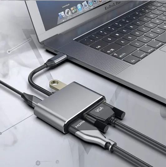 鋁合金四合一支持4K USB-C Hub to PD HDTV VGA USB 3.0 bynckp Aluminium Alloy 4 In ...
