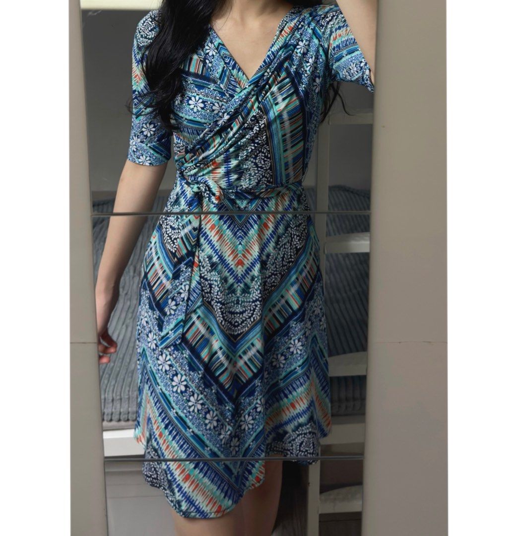Blue floral dress long sleeves office dress
