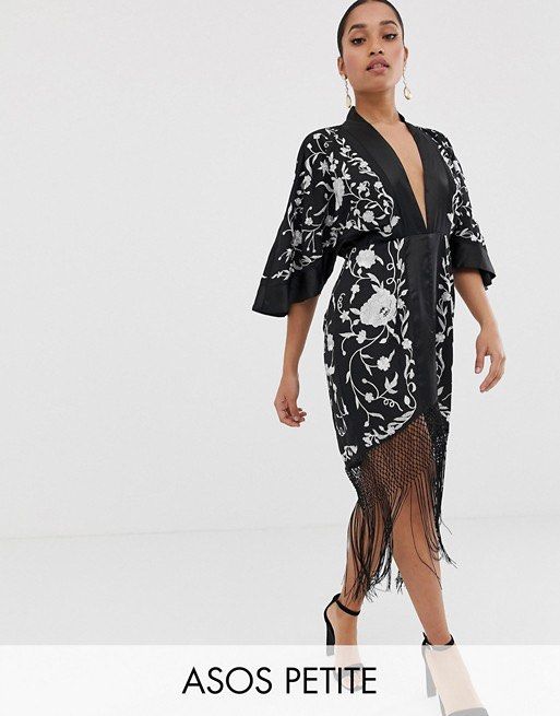 ASOS DESIGN Petite kimono mini dress in embroidered floral and fringe hem  UK 4, Women's Fashion, Dresses & Sets, Dresses on Carousell