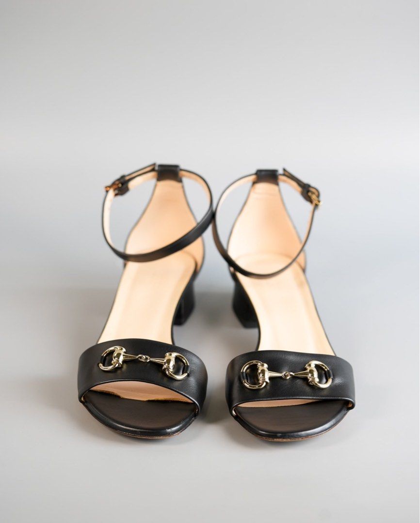 Gucci Horsebit Ankle Strap Sandals in Black Leather Size 39.5 EU 26cm