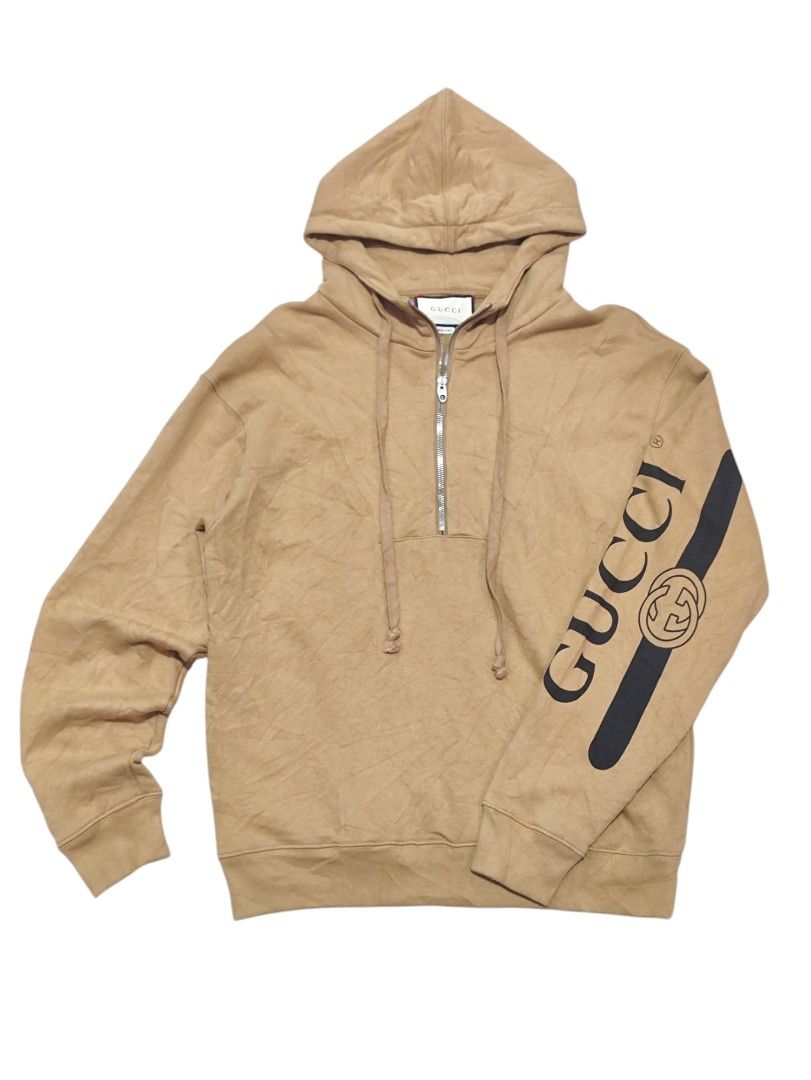 GUCCI QUARTER ZIP HOODIE POPOVER LOGO IN CAMEL COLOR Men s Fashion Coats Jackets and Outerwear on Carousell