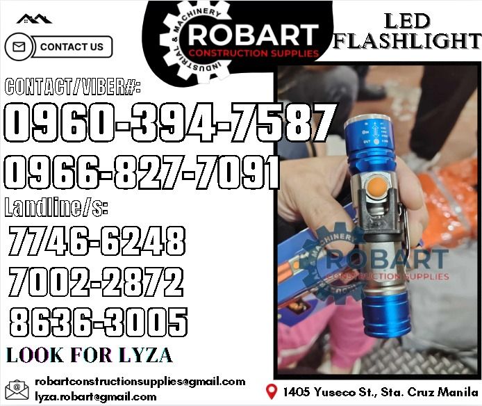 LED Flashlight (Rechargeable) Blue (Category: Construction Tools & Equipment) located in Manila. Submitted by lyzarobart1999 (Listing ID 1336388863, Image 1). Description: LED Flashlight (Rechargeable) Blue 𝑹𝑶𝑩𝑨𝑹𝑻 𝑪𝑶𝑵𝑺𝑻𝑹𝑼𝑪𝑻𝑰𝑶𝑵 𝑺𝑼𝑷𝑷𝑳𝑰𝑬𝑺 𝒪𝒻𝒻𝒾𝒸𝑒 𝒜𝒹𝒹𝓇𝑒𝓈𝓈: 𝟣𝟦𝟢𝟧 𝒴𝓊𝓈𝑒𝒸𝑜 𝒮𝓉. 𝒮𝓉𝒶 𝒞𝓇𝓊𝓏 𝑀𝒶𝓃𝒾𝓁𝒶 ꜱᴇɴᴅ ᴜꜱ ᴍᴇꜱꜱᴀɢᴇ ꜰᴏʀ ɪɴQᴜɪʀɪᴇꜱ ‼️ ‼️ ɢʟᴏʙᴇ: (0966-827-7091) ꜱᴍʀᴛ - (0960-394-7587) ᴠɪʙʀ - (0960-394-758