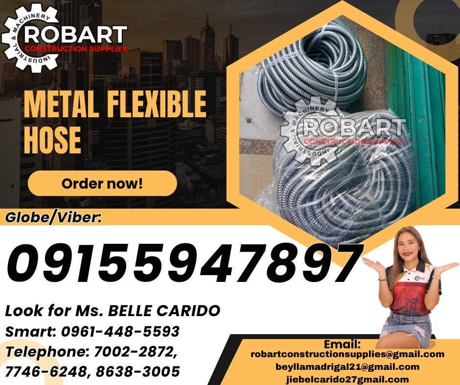Metal Flexible Hose (Category: Construction Tools & Equipment) located in Manila. Submitted by bellarobart (Listing ID 1336333570, Image 1). Description: Metal Flexible Hose Size: 1/2" 𝑹𝑶𝑩𝑨𝑹𝑻 𝑪𝑶𝑵𝑺𝑻𝑹𝑼𝑪𝑻𝑰𝑶𝑵 𝑺𝑼𝑷𝑷𝑳𝑰𝑬𝑺 Office Address: 1405 Yuseco St. Sta Cruz Manila SEND US MESSAGE FOR INQUIRIES ‼️ ‼️ Glb/Vibr: 0915-594-7897 Smrt: 0961-448-5593 Landline: (7746-6248 / 7002-2872) 𝓛𝓞𝓞𝓚 𝓕𝓞𝓡 𝓑𝓔𝓛𝓛𝓔 🔵 100% Trusted Suppl