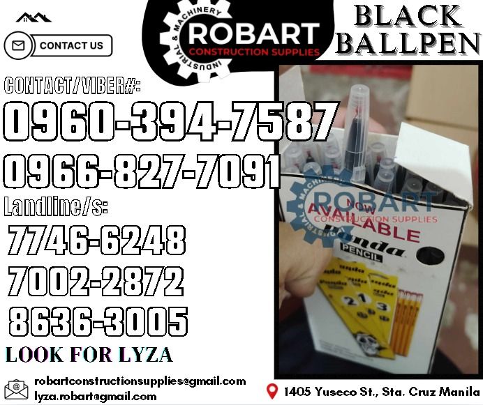Panda Black Ballpen (Category: Construction Tools & Equipment) located in Manila. Submitted by lyzarobart11 (Listing ID 1336345155, Image 1). Description: Panda Black Ballpen 25pcs/Box 𝑹𝑶𝑩𝑨𝑹𝑻 𝑪𝑶𝑵𝑺𝑻𝑹𝑼𝑪𝑻𝑰𝑶𝑵 𝑺𝑼𝑷𝑷𝑳𝑰𝑬𝑺 𝒪𝒻𝒻𝒾𝒸𝑒 𝒜𝒹𝒹𝓇𝑒𝓈𝓈: 𝟣𝟦𝟢𝟧 𝒴𝓊𝓈𝑒𝒸𝑜 𝒮𝓉. 𝒮𝓉𝒶 𝒞𝓇𝓊𝓏 𝑀𝒶𝓃𝒾𝓁𝒶 ꜱᴇɴᴅ ᴜꜱ ᴍᴇꜱꜱᴀɢᴇ ꜰᴏʀ ɪɴQᴜɪʀɪᴇꜱ ‼️ ‼️ ɢʟᴏʙᴇ: (0966-827-7091) ꜱᴍʀᴛ - (0960-394-7587) ᴠɪʙʀ - (0960-394-7587) ʟᴀɴᴅʟɪɴᴇ: (8636-ʟᴏᴏ