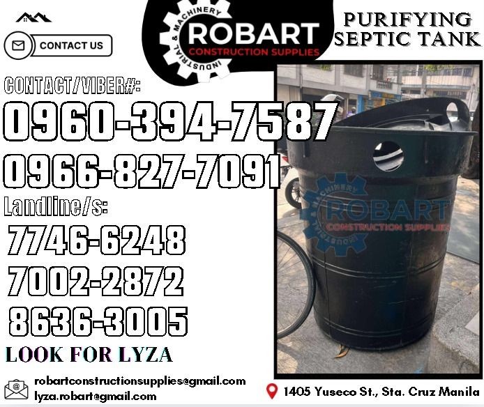 Purifying Septic Tank (Category: Construction Tools & Equipment) located in Manila. Submitted by lyzarobart1999 (Listing ID 1336415201, Image 1). Description: Purifying Septic Tank Capacity: 1000Liters Code: LSSTBK-A1000 𝑹𝑶𝑩𝑨𝑹𝑻 𝑪𝑶𝑵𝑺𝑻𝑹𝑼𝑪𝑻𝑰𝑶𝑵 𝑺𝑼𝑷𝑷𝑳𝑰𝑬𝑺 𝒪𝒻𝒻𝒾𝒸𝑒 𝒜𝒹𝒹𝓇𝑒𝓈𝓈: 𝟣𝟦𝟢𝟧 𝒴𝓊𝓈𝑒𝒸𝑜 𝒮𝓉. 𝒮𝓉𝒶 𝒞𝓇𝓊𝓏 𝑀𝒶𝓃𝒾𝓁𝒶 ꜱᴇɴᴅ ᴜꜱ ᴍᴇꜱꜱᴀɢᴇ ꜰᴏʀ ɪɴQᴜɪʀɪᴇꜱ ‼️ ‼️ ɢʟᴏʙᴇ: (0966-827-7091) ꜱᴍʀᴛ - (0960-394-7587) ᴠɪʙʀ -