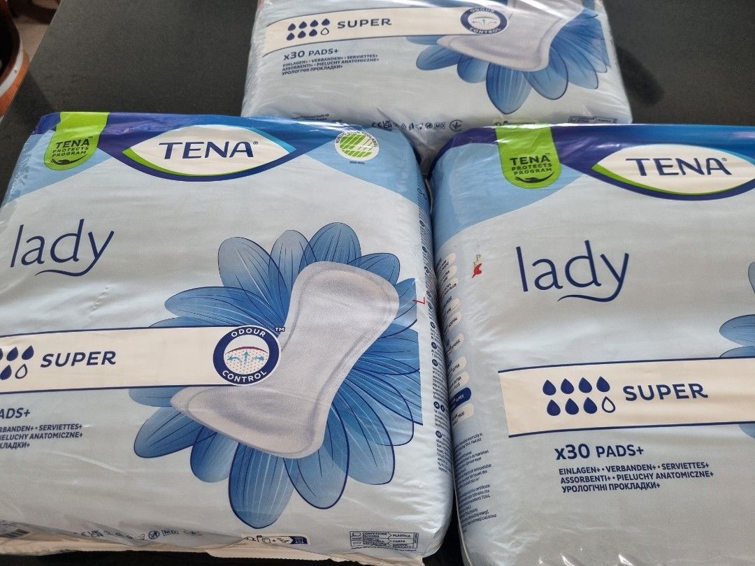 Tena Super Pads - 3 packs (Category: Sanitary Hygiene) located in Singapore. Submitted by charlic (Listing ID 1336331149, Image 1). Description: Bought for $50 for a pack of 3. selling at $15 for pack of 3. One pack is open but not used..