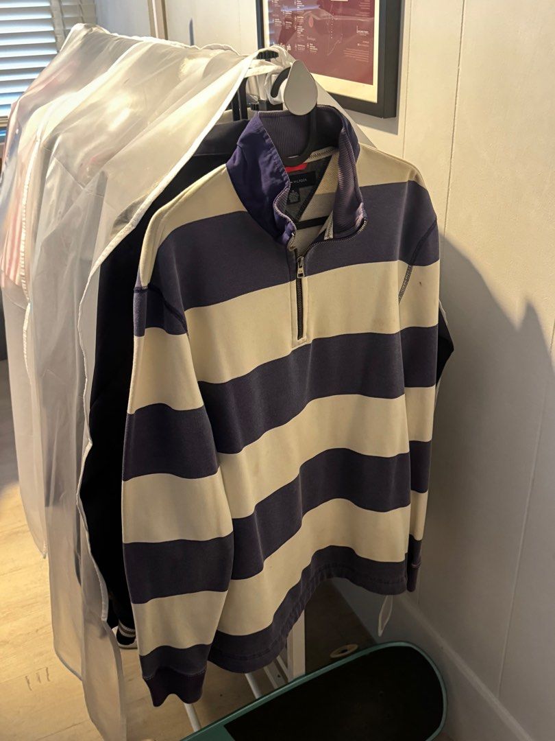 Tommy Hilfiger Striped Half Zip Sweatshirt (Category: Coats, Jackets and Outerwear) located in Pasig City. Submitted by _rajasully (Listing ID 1336411037, Image 2). Description: 🔹Tag size: M 🔹Color: Purple and White 🔹Measurements: Length: 29 inches Width: 21 inches Sleeves: 20 inches 🔹PM me to inquire 😊.