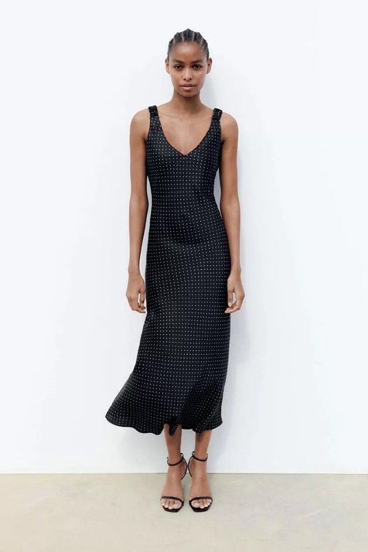 chinese dress ladies Zara Women's Black White Polka Dot V-Neck Long Sleeve A-Line Mini Dres –  Brie main image 1