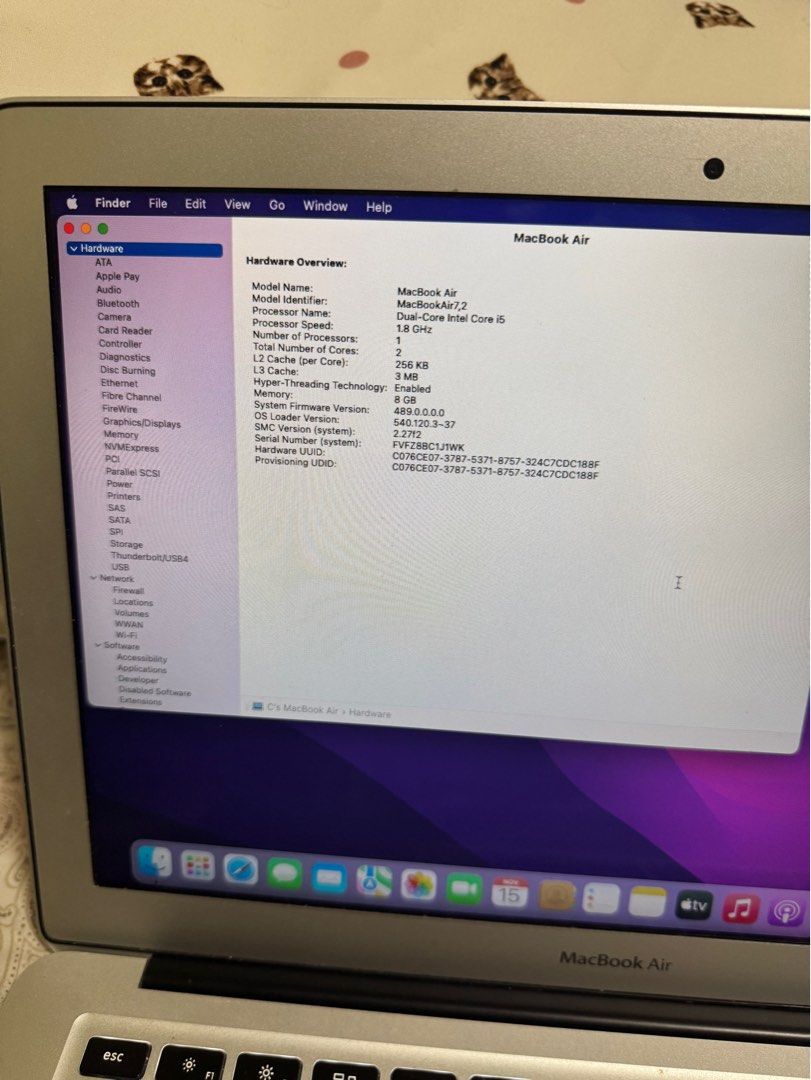 Apple MacBook Air 2017 (Category: Laptops & Notebooks) located in Quezon City. Submitted by buhbyestuff (Listing ID 1336551868, Image 3). Description: Selling my Macbook Air 13” (2017) -Never repaired -has few scratches only (95%smooth) -with original charger Specs: - Storage: 128 GB - Memory: 8 GB - Processor: 1.8 GHz Dual-Core Intel Core i5 - Graphics: Intel HD Graphics 6000 1536 MB.