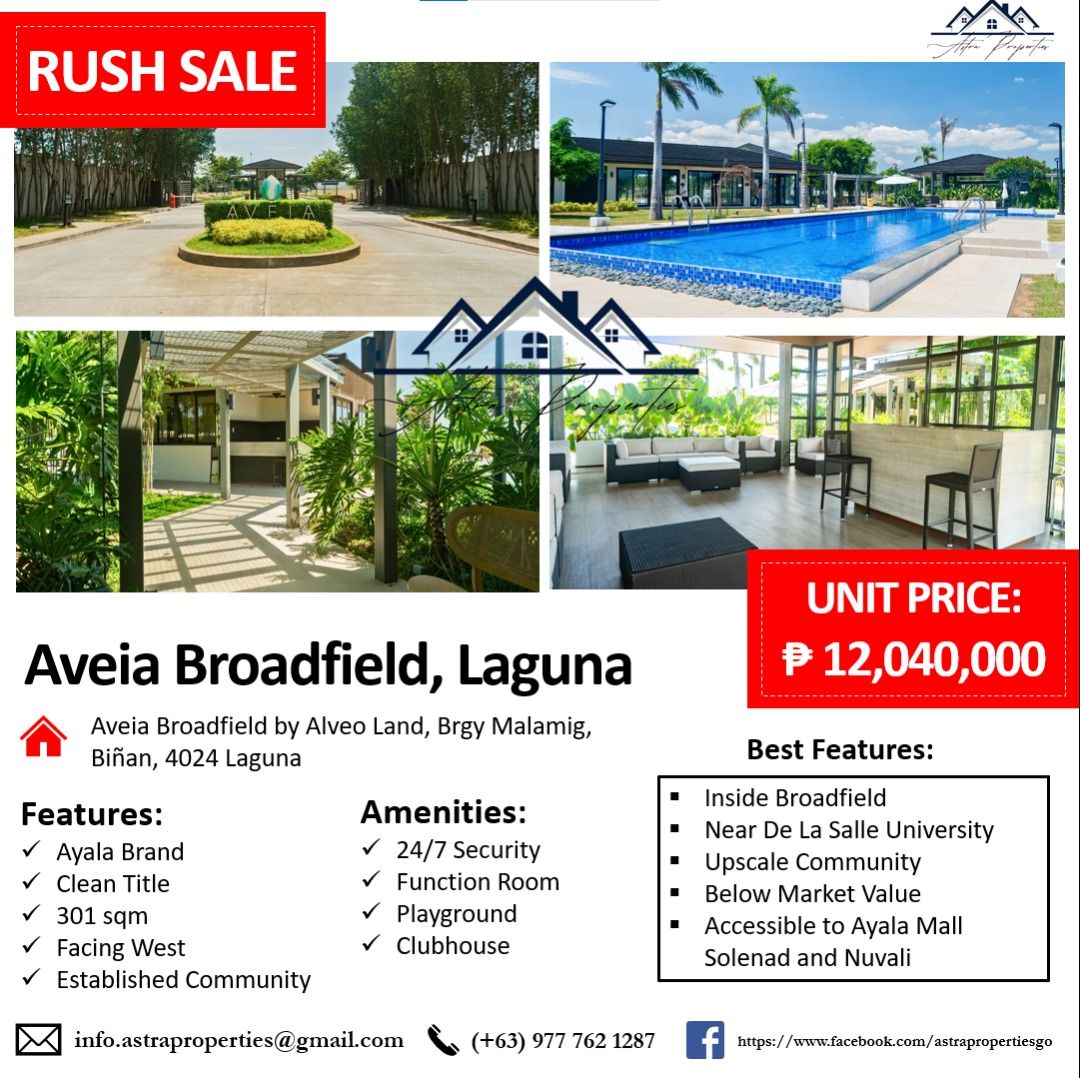 Aveia Broadfield (Category: Lot) located in Makati City. Submitted by astraproperties (Listing ID 1336501104, Image 1). Description: For Sale: Aveia Broadfield by Alveo Land in Biñan Laguna 301sqm ₱12,040,000.00 ₱40K/sqm.