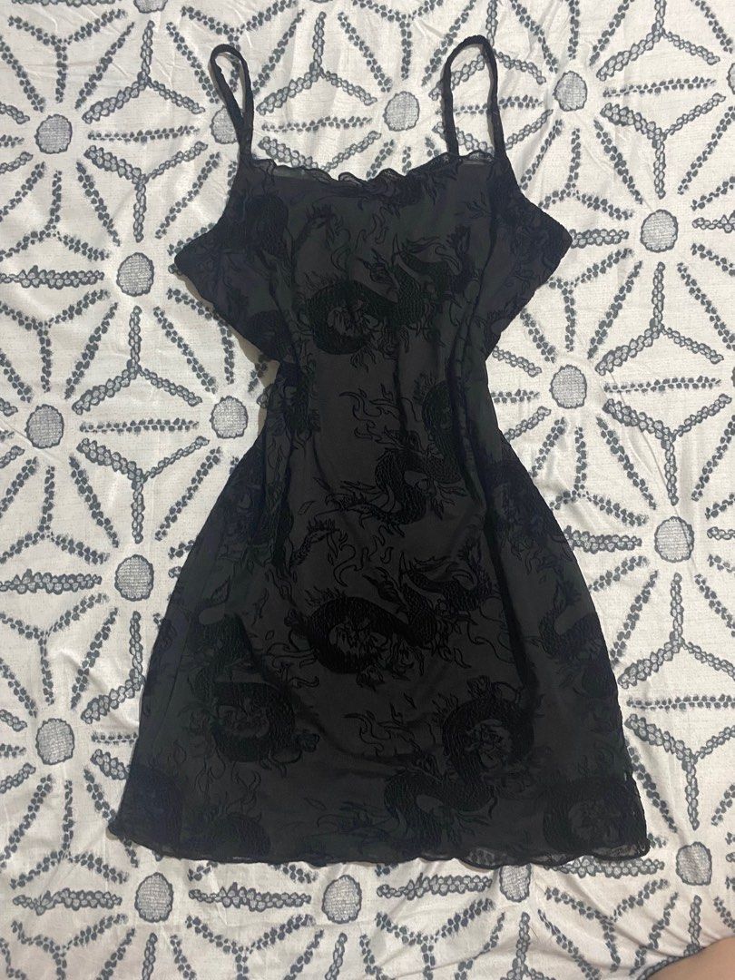 h&m black dragon dress Ascending Dragon Descending Dragon Sheer Long Sleeve Bodycon Midi Dres