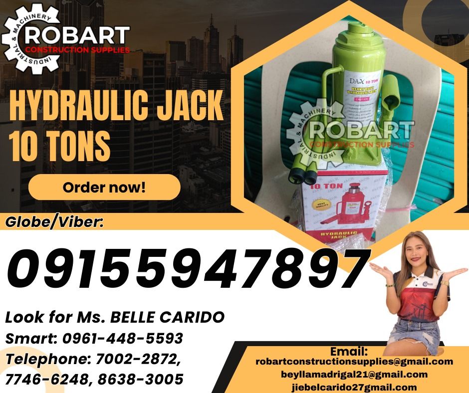 Hydraulic Jack (Category: Construction Tools & Equipment) located in Manila. Submitted by bellarobart (Listing ID 1336541068, Image 1). Description: Hydraulic Jack Capacity: 10 tons Brand: DAX 𝑹𝑶𝑩𝑨𝑹𝑻 𝑪𝑶𝑵𝑺𝑻𝑹𝑼𝑪𝑻𝑰𝑶𝑵 𝑺𝑼𝑷𝑷𝑳𝑰𝑬𝑺 Office Address: 1405 Yuseco St. Sta Cruz Manila SEND US MESSAGE FOR INQUIRIES ‼️ ‼️ Glb/Vibr: 0915-594-7897 Smrt: 0961-448-5593 Landline: (7746-6248 / 7002-2872) 𝓛𝓞𝓞𝓚 𝓕𝓞𝓡 𝓑𝓔𝓛𝓛𝓔 🔵 100% Trust