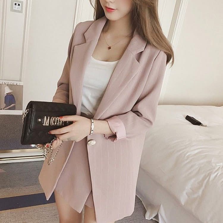 LIGHT PINK WITH WHITE STRIPES BLAZER SKORT COORDS (Category: Sets or Coordinates) located in Manila. Submitted by declutterluxe (Listing ID 1336545942, Image 1). Description: Bought for 2,150 php Worn once Skort fits waist 26” .