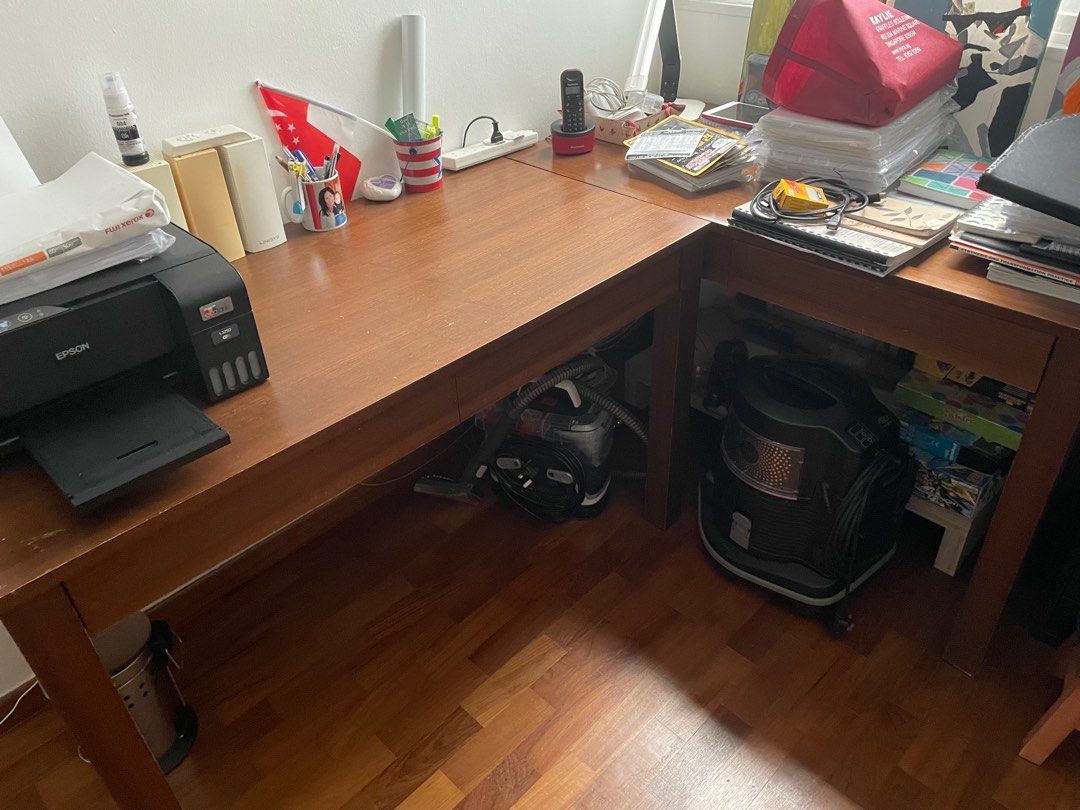 Study Table (Category: Tables & Sets) located in Singapore. Submitted by darren-67311 (Listing ID 1336517988, Image 1). Description: Veneer custom made study table. Built to last. Have 2, sold I individually, can be used individually or placed as L shaped position. Self pick up only.