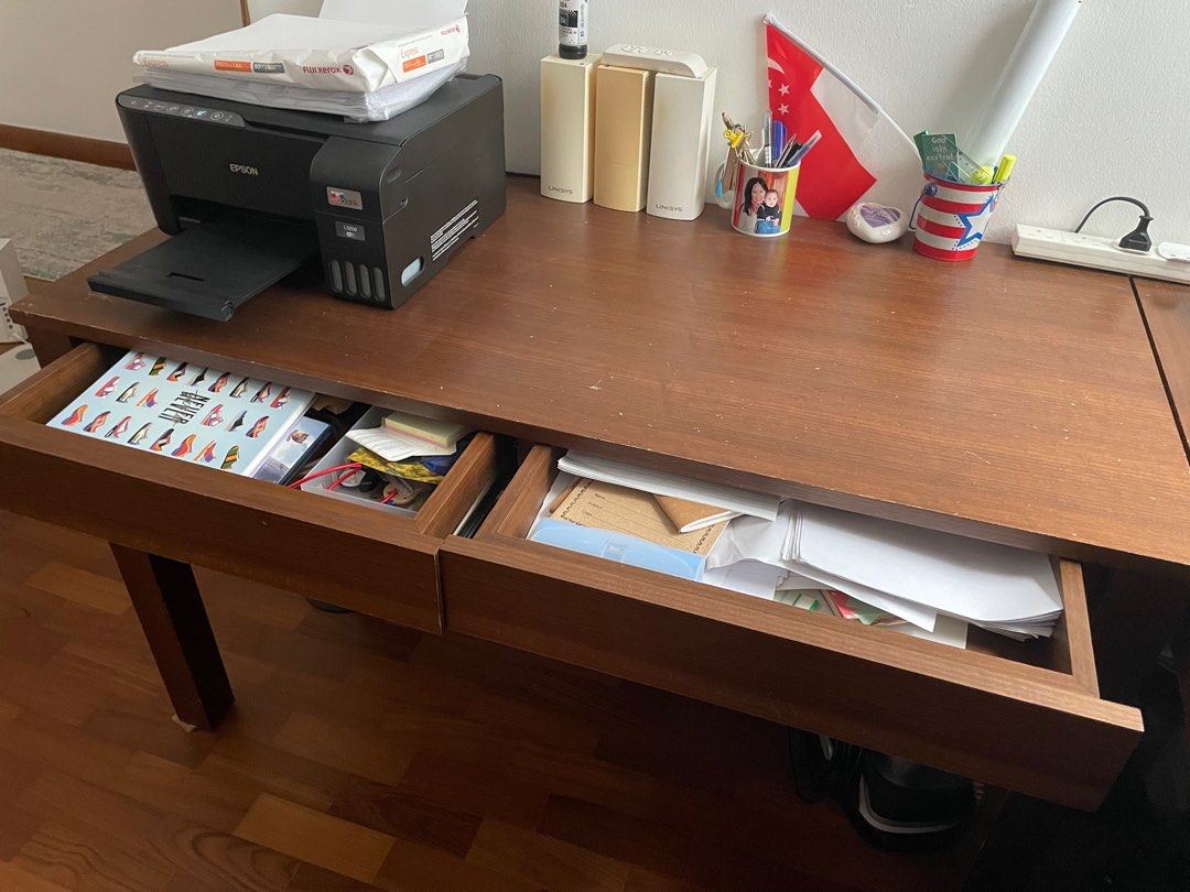 Study Table (Category: Tables & Sets) located in Singapore. Submitted by darren-67311 (Listing ID 1336517988, Image 3). Description: Veneer custom made study table. Built to last. Have 2, sold I individually, can be used individually or placed as L shaped position. Self pick up only.