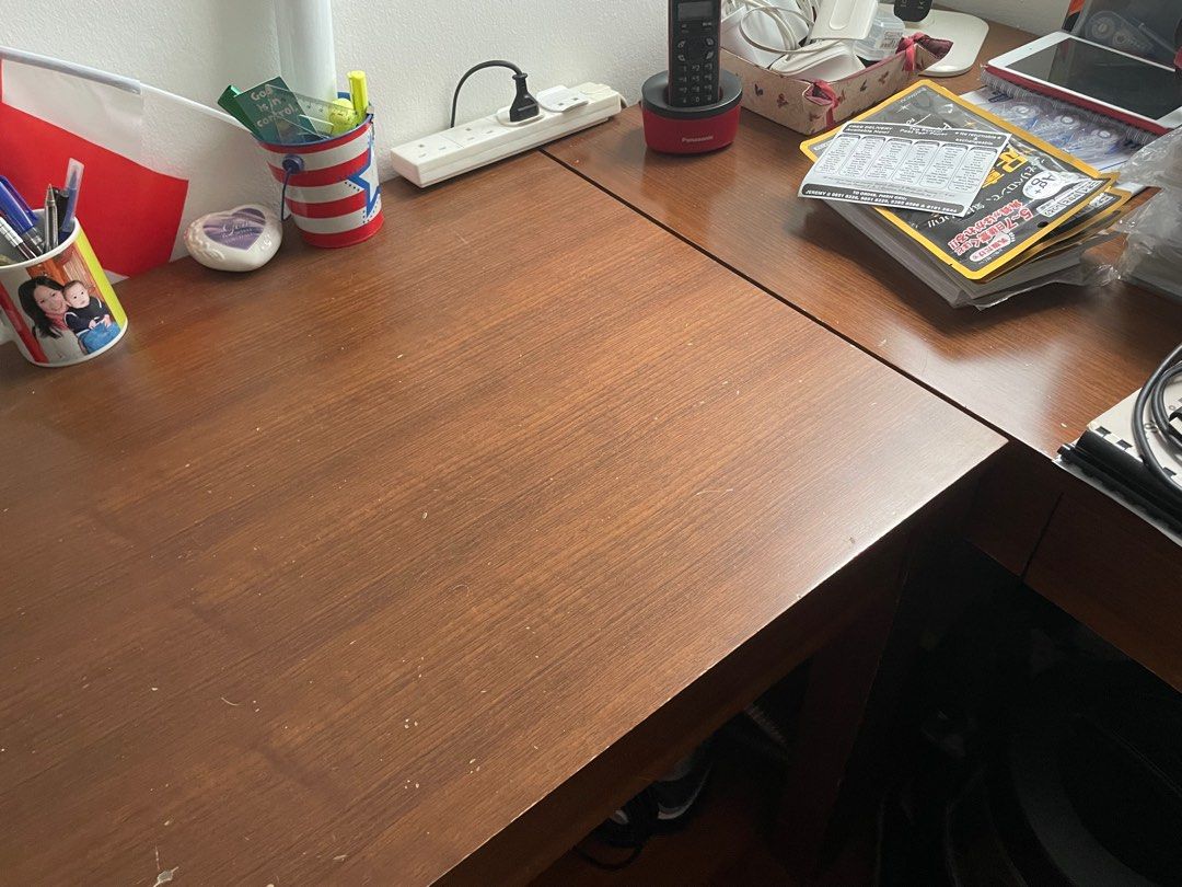 Study Table (Category: Tables & Sets) located in Singapore. Submitted by darren-67311 (Listing ID 1336517988, Image 2). Description: Veneer custom made study table. Built to last. Have 2, sold I individually, can be used individually or placed as L shaped position. Self pick up only.