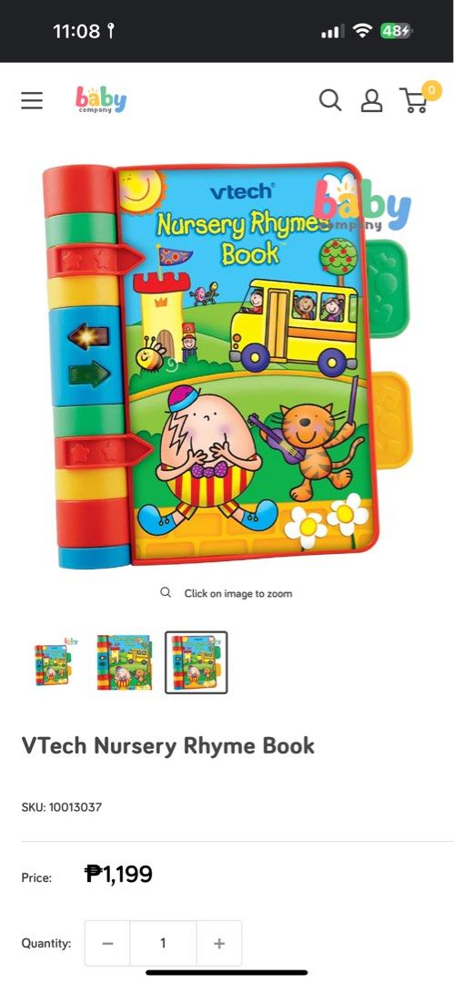 Vtech nursery rhymes book (Category: Infant Playtime) located in Cavite. Submitted by babyandkidsthriftshop (Listing ID 1336525351, Image 2). Description: Vtech Nursery Rhymes Book Preloved Description Fun sound effects, phrases, and light-up buttons encourage babies to interact. Develops early language skills, manual dexterity, and promotes early reading concepts. Hard plastic pages are designed to be durable and easy to clean, so babies can pla