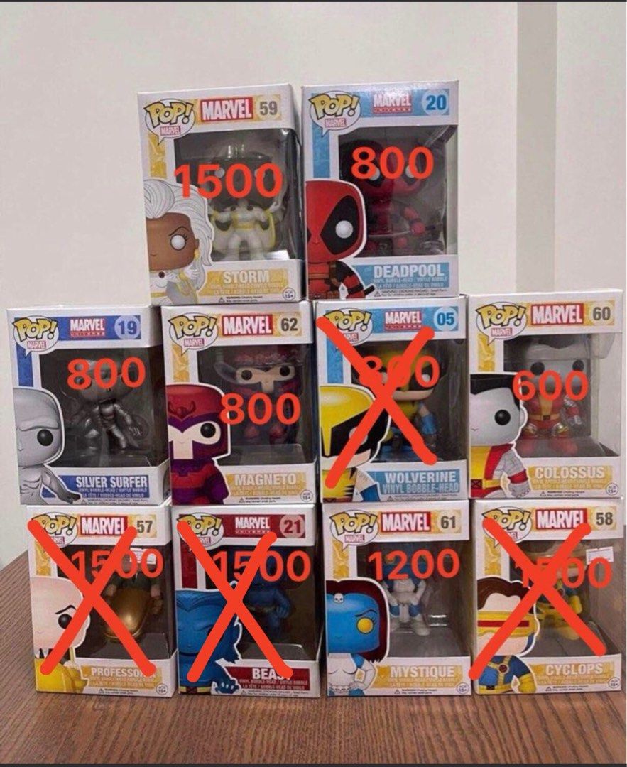 Funko Pop X-Men (Category: Figurines & Statues) located in Mandaluyong City. Submitted by mimibfly (Listing ID 1181656213, Image 1). Description: Storm - 1500 Deadpool - 800 Silver Surfer - 800 Magneto - 800 Wolverine - 800 - SOLD Colossus - 600 Professor X - 1500 - SOLD Beast - 1500 - SOLD Mystique - 1200 Cyclops - 1500 - SOLD - Condition: 7-8/10 - I can send detailed pics for those who are interested - Never OOB - Item location: Mandaluyong - S