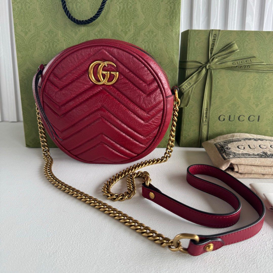 Gucci GG Marmont Round Crossbody Bag in Red Matelasse Leather